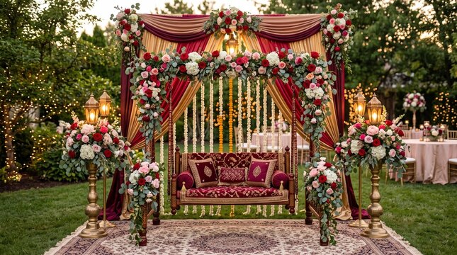 Radhashtami, floral swing decorated with roses, jasmine garlands and glowing lanterns