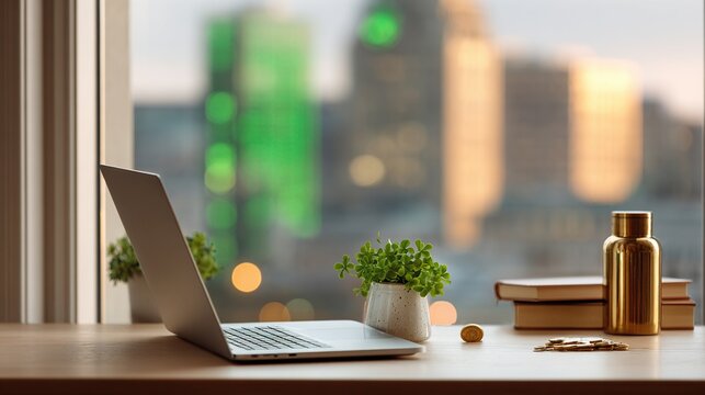 modern office desk with a laptop, small pot of clover, and a single gold coin near the keyboard, city view with green-lit building accents outside
