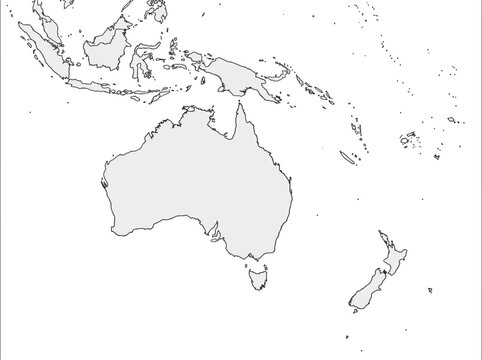 Minimalist outline map of Australia, New Zealand, and Oceania regions for travel and business concepts.