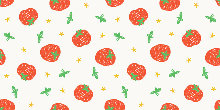Seamless background pattern with hand drawn red tomatoes and green basil leaves on cream
