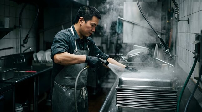 Asian kitchen worker using a high-pressure hose to wash metal trays