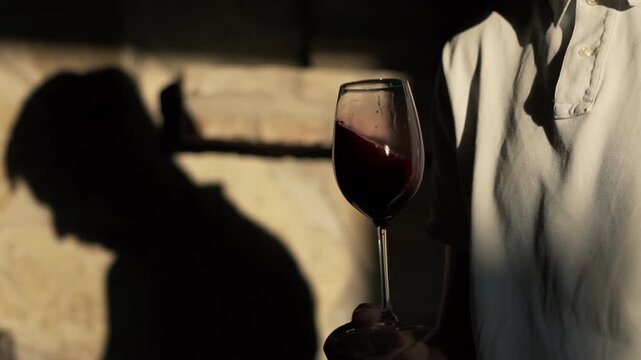 Female sommelier tasting red wine in winery, professional wine evaluation.
