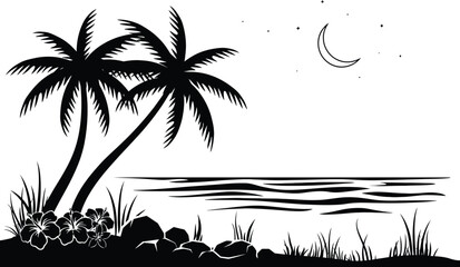 Nighttime tropical beach scene with crescent moon and palm trees graphic illustration tropical landscape monochrome illustration silhouette crescent tranquil paradise hibiscus midnight © MstAsmaAkter