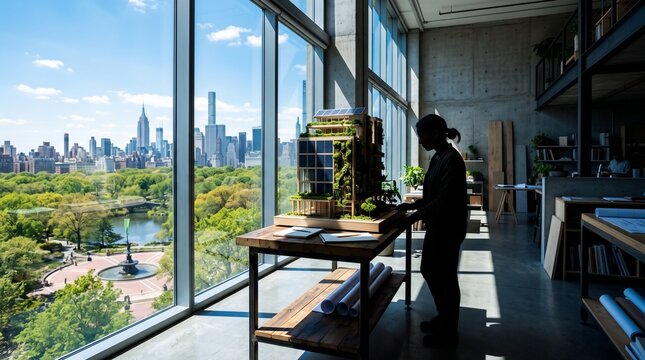 Architect Examining Sustainable Building Model with City View