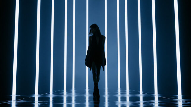 Silhouette Woman Standing in Neon Light Corridor