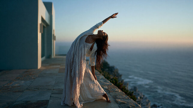 Woman Performing Yoga Stretch on Coastal Cliff at Sunset