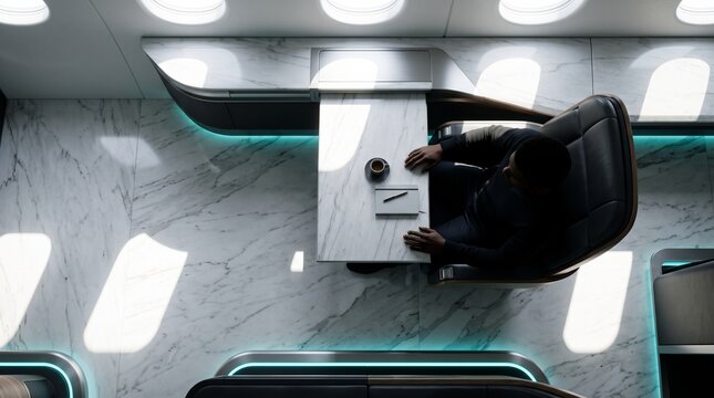 Businessman Working at Desk, Overhead View
