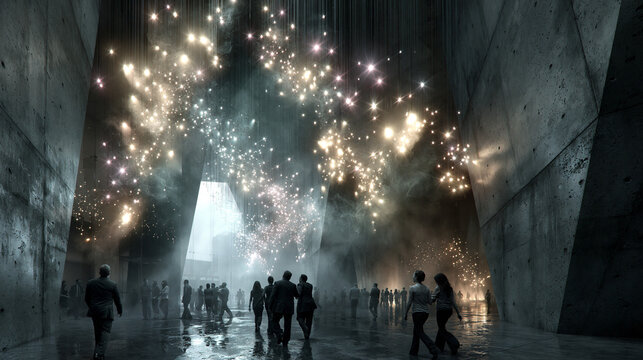 Crowd Walking Through Magical Portal of Light and Particles