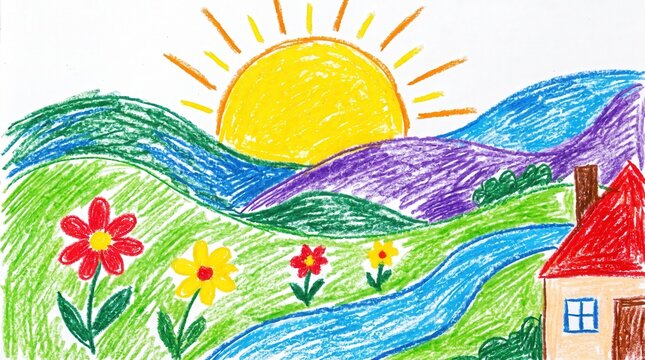 Colorful hand drawn crayon landscape with purple green hills, giant sun and flowers, cute children's book style nature illustration art