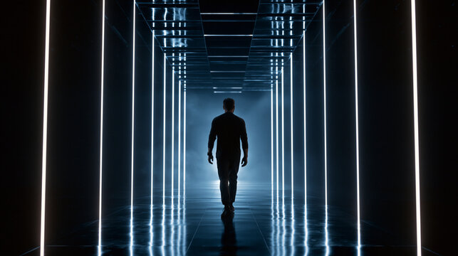 Man Walking Through Futuristic Neon Corridor