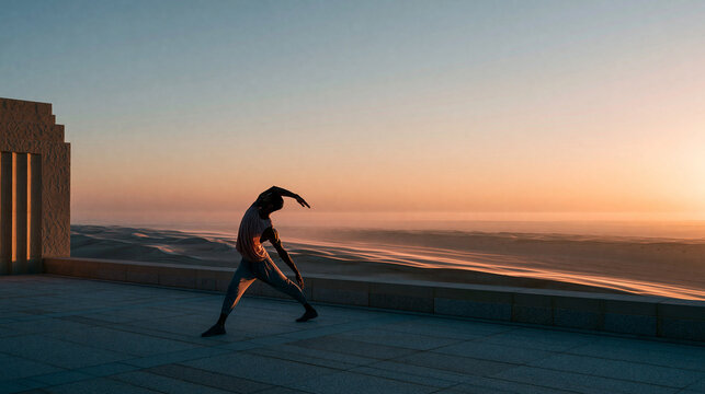 Athletic Man Stretching at Sunset Overlooking Coastal Landscape