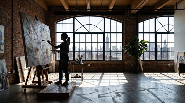 Artist Painting in Urban Loft Studio with City Skyline View