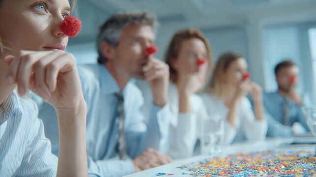 open-space office, serious employees in shirts all wearing small red clown noses