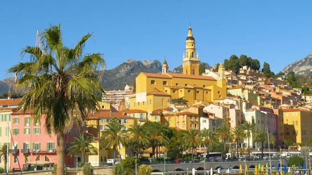 Historic Menton France skyline with church and Mediterranean buildings