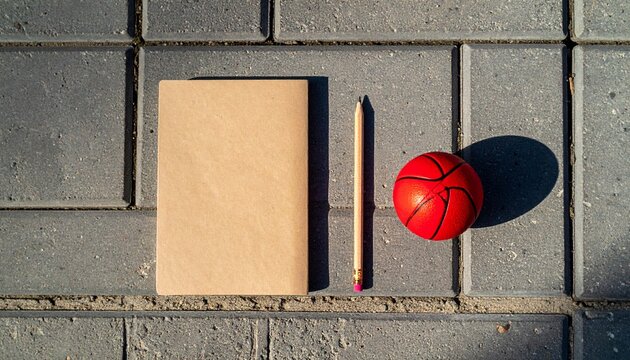 Basketball with notebook and pencil outdoors.