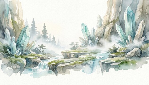 Hand Painted Watercolor Crystal Valley Landscape with Mineral Cliffs and Mountain Mist
