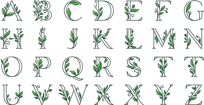 Decorative floral alphabet letters collection with elegant vintage botanical illustrations for wedding invitations and creative design projects