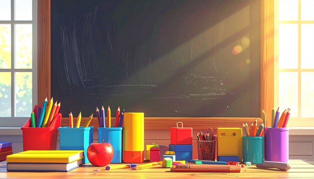 Cheerful classroom desk with supplies.