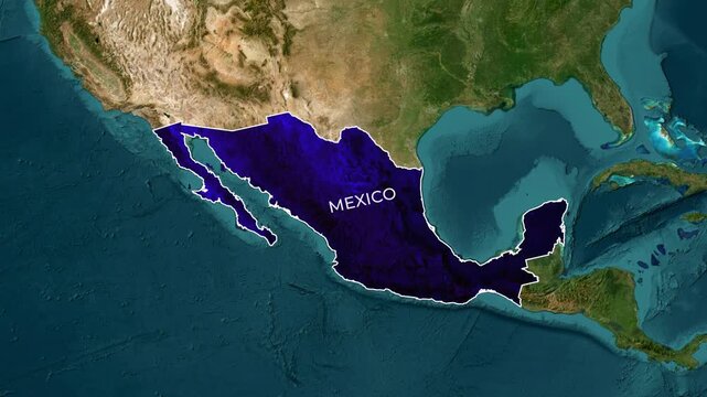 Highlighting the country of Mexico on a 3D satellite map of North America