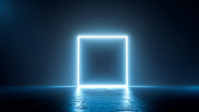 glowing neon frame floating in dark space, clean minimal tech background, large copy space