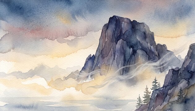 Hand Painted Watercolor Celestial Granite Monolith Landscape Above Mist at Twilight