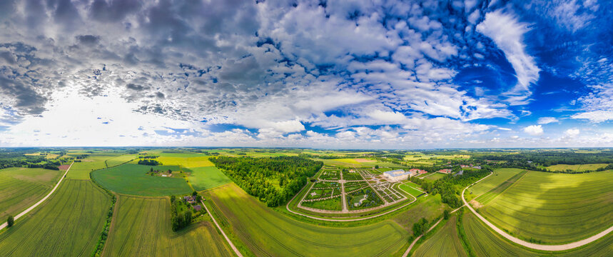 Aerial view of Rundāle Palace with gardens and Latvian countryside landscape