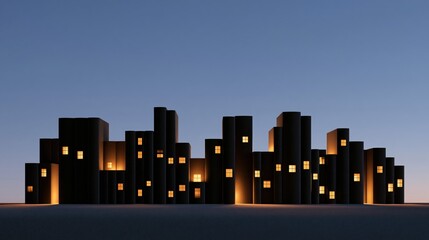 Obraz premium Minimal dusk scene of a long bookshelf whose upright books form a glowing city skyline