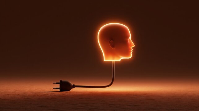 Minimal 3d scene of a giant power plug connected to a glowing head shaped lamp