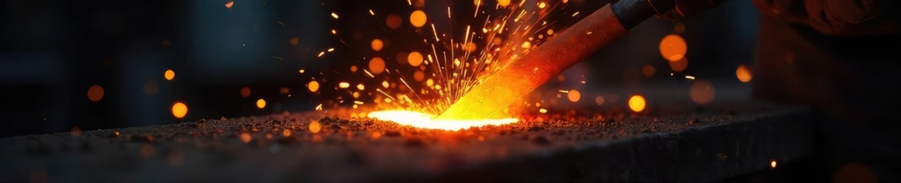 Close-up of glowing hot metal being forged, sparks flying, demonstrating the conversion of kinetic energy into heat , red, fire