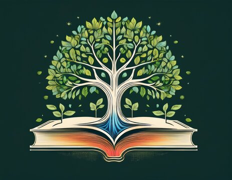 logo combines a book and a tree in a dual meaning design the book represents knowledge and learning while the tree symbolizes growth and wisdom creating a clean natural