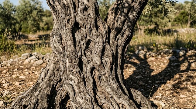 Ancient olive tree trunk with gnarled bark in a sunny grove