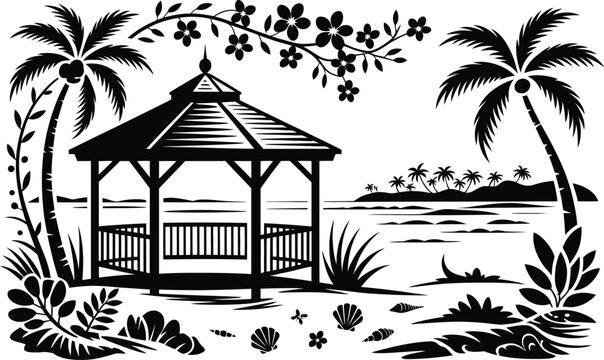 Gazebo by the tropical sea silhouette with palm trees and floral vines tropical silhouette vacation landscape coastline seashells paradise recreation structure architecture peaceful