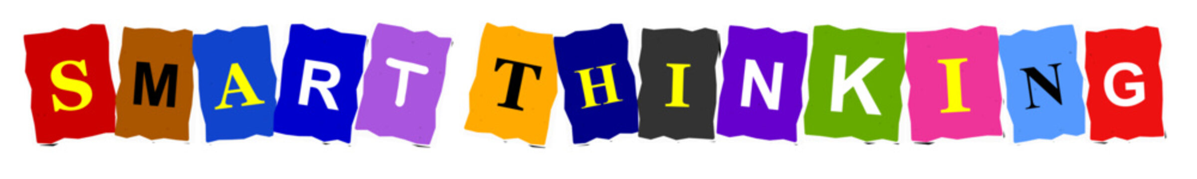 Colorful cut out paper letters spelling the words smart thinking on a white background