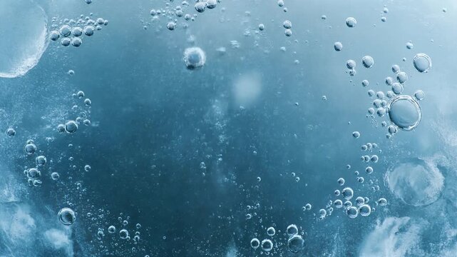 Close-up view of air bubbles suspended in frozen water ice environment, abstract nature macro texture with cool blue tones, scientific concept