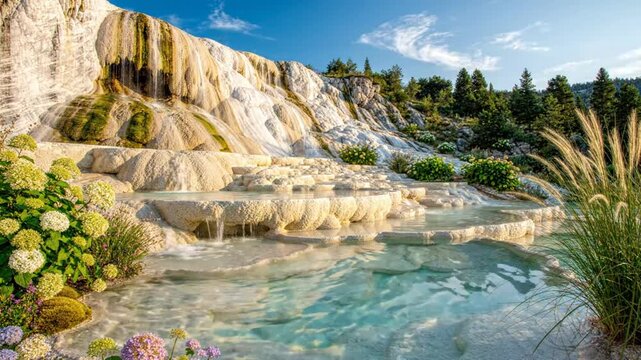 Natural Thermal Water Springs with Cascading Terraces and Lush Green Vegetation in Sunny Landscape