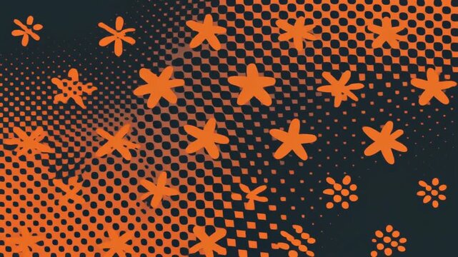Abstract orange star shapes and dots pattern on dark background, digital graphic art, close-up view, creative design concept