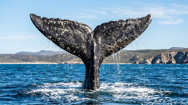 Majestic whale tail fluke emerging from blue ocean water