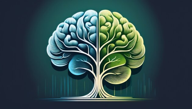 modern minimalist logo combining the shape of a brain and a tree symbolizing knowledge growth and creativity