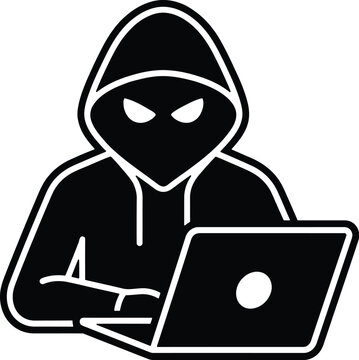 Hacker icon in hoodie with laptop, cyber crime vector, anonymous thief avatar