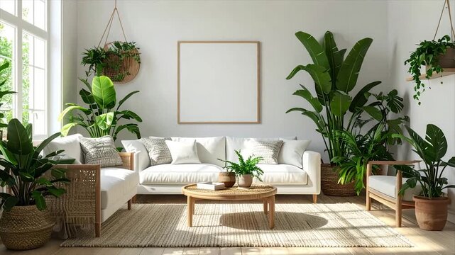 A bright, sunlit living room with plants, white furniture, a rug, and a blank picture frame