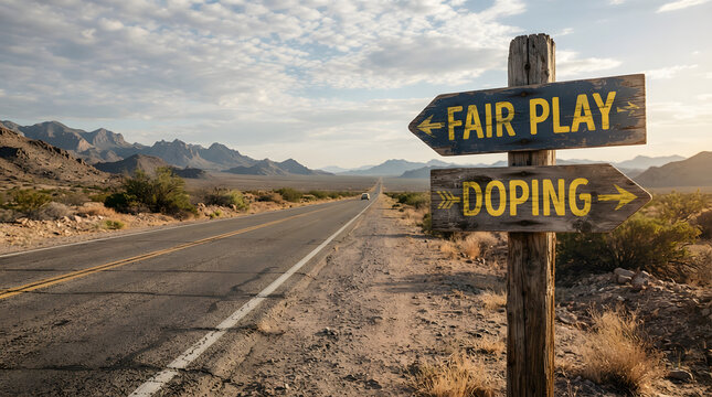 Worn wooden road sign displaying fair play and doping directions amid desert mountain scenery with weathered wooden directional desert landscape surrounded