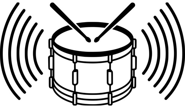 Black and white marching drum with drumsticks and sound waves minimalist music percussion vector illustration isolated on white background