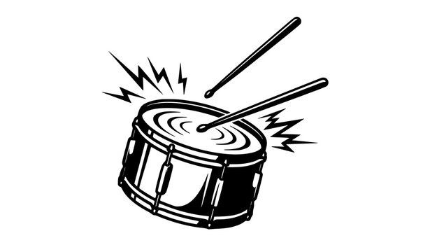 Dynamic monochrome drum with moving drumsticks and stylized sound waves flat percussion vector icon isolated on white