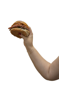 Arm Holding Cheeseburger Isolated on Transparent Background