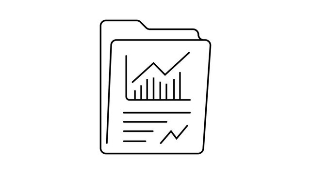 A minimalist black-and-white 2D line art icon of a document folder containing financial reports, complete with bar charts, line graphs, and text lines.