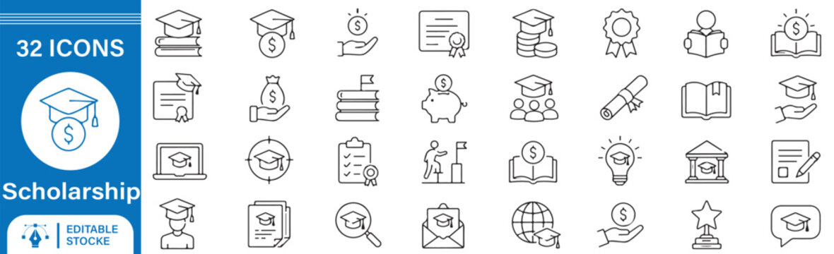 32 Scholarship Outline Icons Vector Set &ndash; Student Grant, Financial Aid, Education Funding, Tuition Support and Academic Achievement Line Symbols Collection