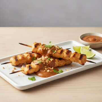 Chicken satay skewers drizzled with peanut sauce on white plate ideal for Asian food menu