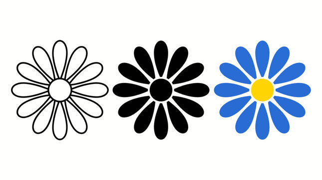 Set of three simple daisy flower icons in outline, solid black and blue color styles on white background