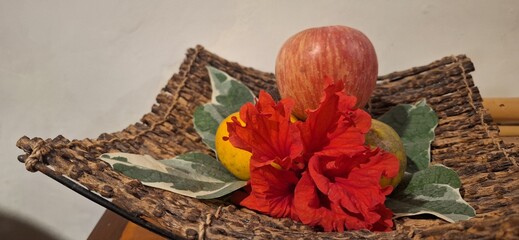 Rustic Still Live with Red Hibiscus Flower and Fresh Fruits © Awal