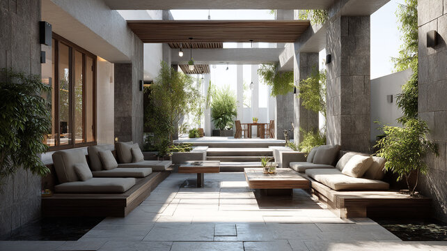 modern villa with interior courtyard garden, natural light